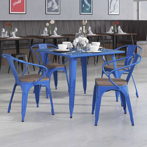 Flash Furniture Blue Metal Chair with Wood Seat and Arms, PK4 4-CH-31270-BL-WD-GG - main